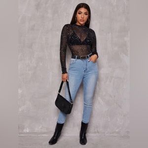 Black Mesh Glitter Top